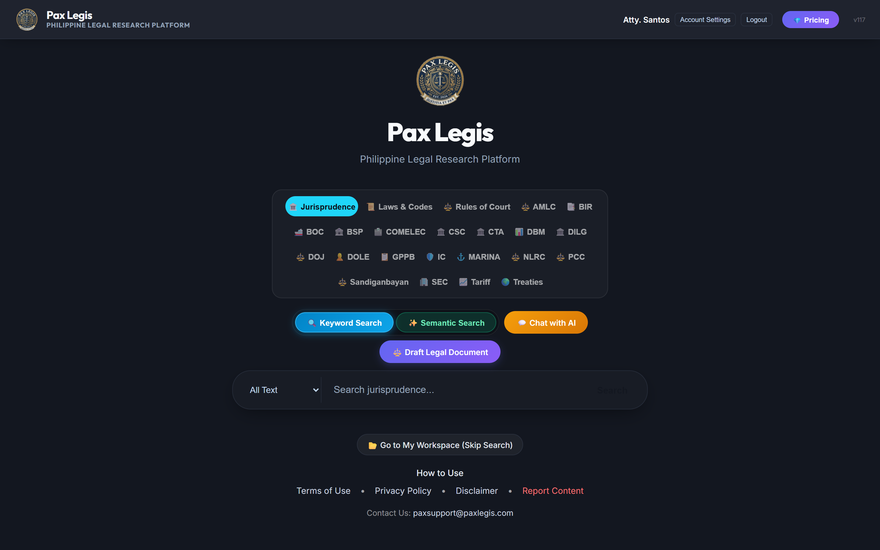 Pax Legis landing page with search bar and 18 agency filter tags