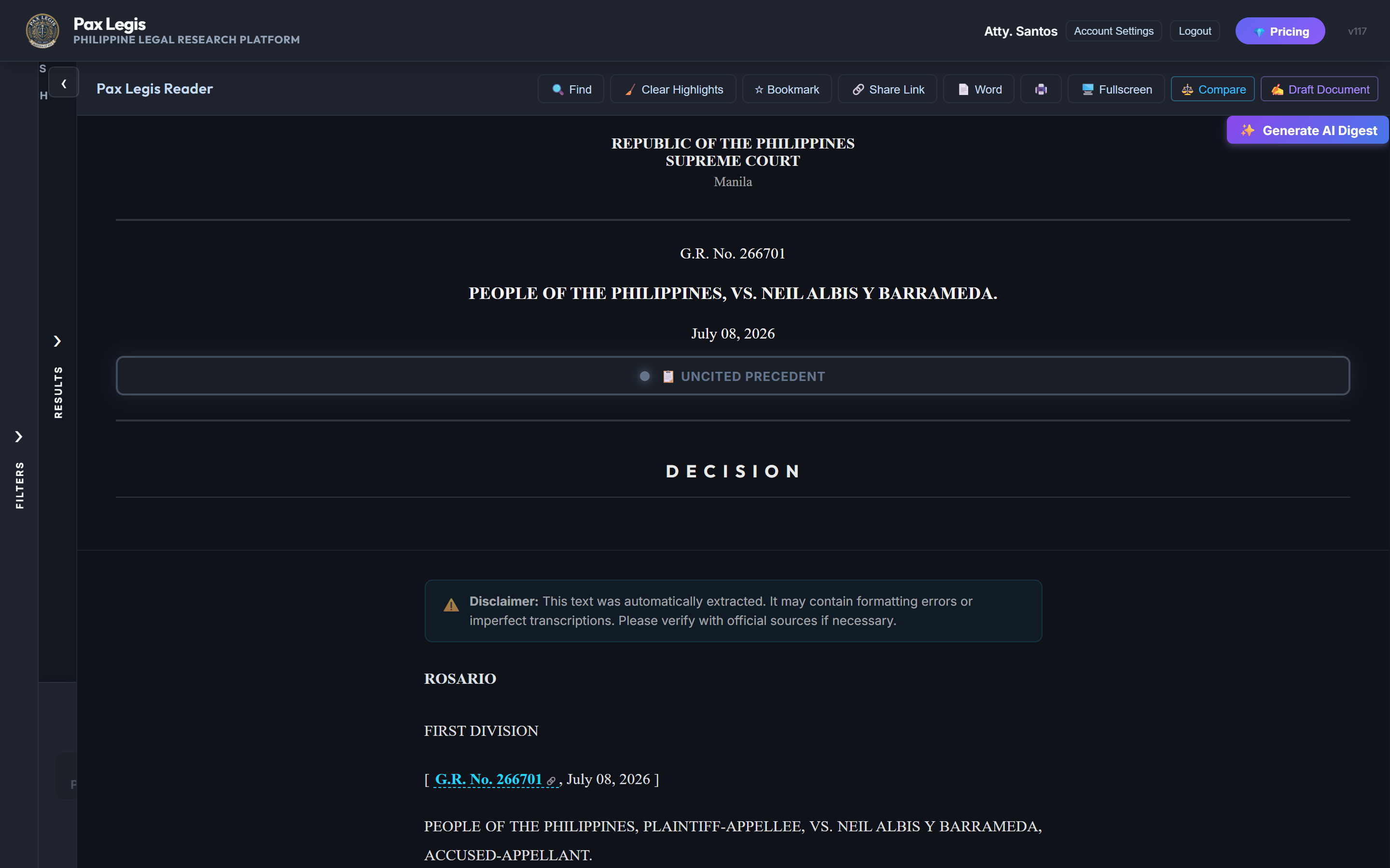 Both filters and results panels collapsed