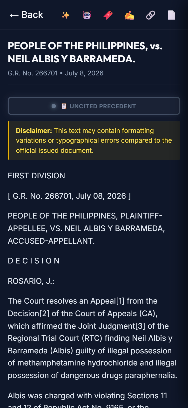 Mobile reader view showing case title and toolbar