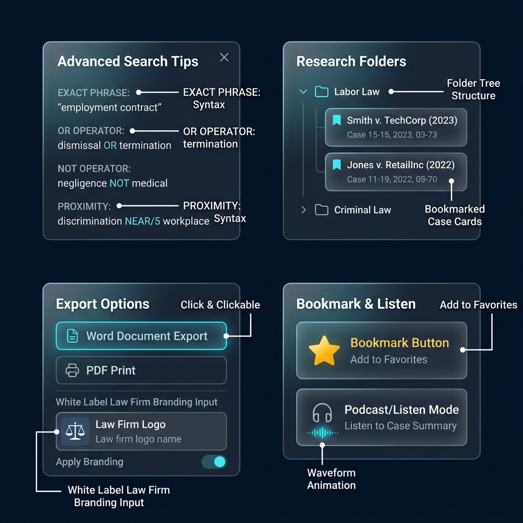 Feature panels showing bookmarks, folders, export and advanced search