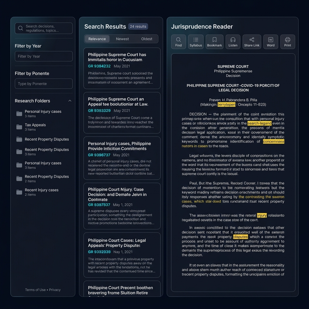 The three-column workspace showing search results and the document reader